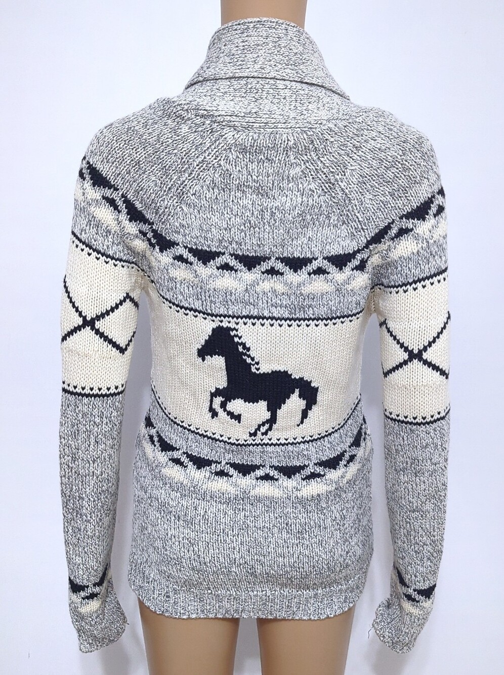 Cowichan Style Western Aztec Horse Knit Button Front Cardigan Shawl Collar XS - Picture 3 of 10